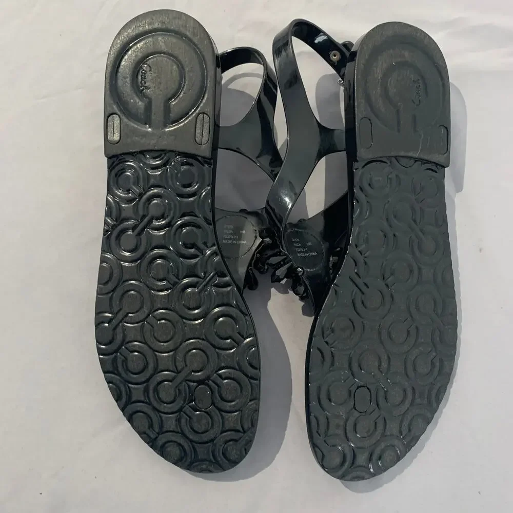 Coach Black Jelly Thong Sandals Crystal Flower Embellished Size 10B